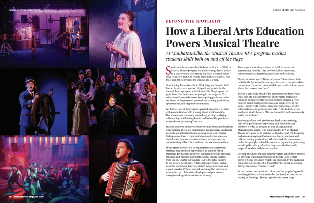 A spread from the Fall 2026 Manhattanville Magazine, featuring 4 photos (top and bottom row) taken by Toni Marie Perilli, of a production of "Natasha, Pierre, and the Great Comet of 1812"